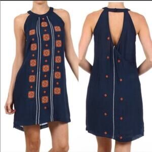 THML Navy Orange Boho Halter Neck Wrap Back Detail Embroidered Mini Dress